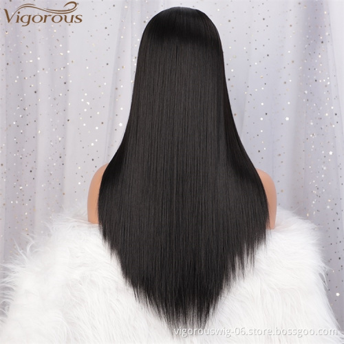 Vigorous High Temperature Top Quality  Long Silky Straight Black Wigs Middle Part Lace Wigs For White Women Wholesale